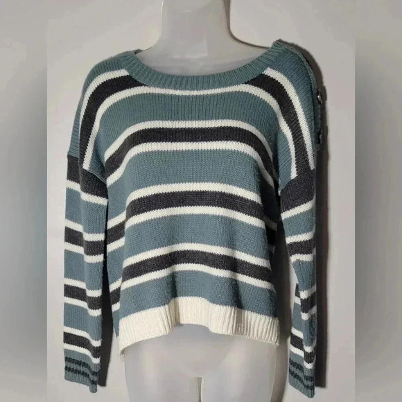 Pink Rose Sweaters - Pink Rose, Striped cropped knit sweater, sage, ivory & gray, womens size LG